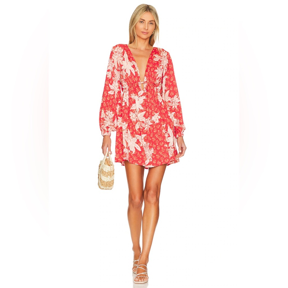 Free People Coral Red Floral V-Neck Mini Dress